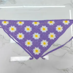 Purple crochet floral bandana, handmade style knitted triangle hair scarf for women.
