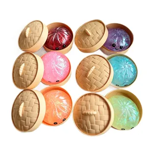Colorful glitter bun squeeze toy set with mini steamer basket cute soft stress relief toy