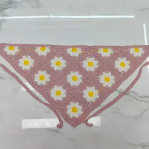 Handmade crochet floral triangle hair scarf, cute pink knit daisy bandana for women daily wear.