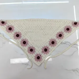 Handcrafted crochet floral triangle bandana headscarf vintage hair accessory knit hair wrap.