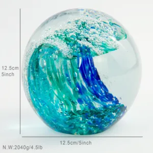 Handcrafted crystal glass ocean wave paperweight sphere home decor 12.5cm blue green