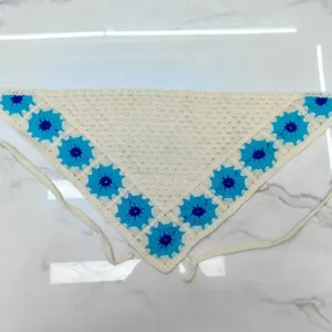 Handcrafted crochet floral triangle bandana, chic knitted hair scarf with ties. Stylish.