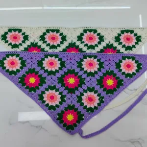 Handmade crochet floral triangle bandana headscarf, vintage knitted hair wrap accessories.