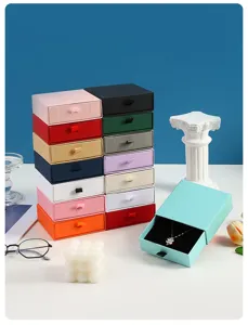 Detailed view of colorful drawer jewelry box with velvet lining, perfect for storing necklaces.