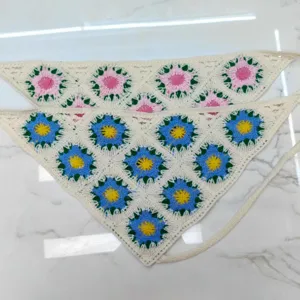 Handmade crochet floral bandana detail view, vintage granny square knit hair scarf.