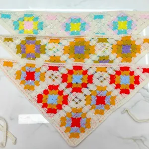 Handmade style crochet knit triangular scarf retro colorful granny square bandana hair accessory
