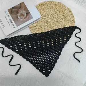 Black crochet hair scarf handmade style knitted triangle bandana headwrap boho accessory