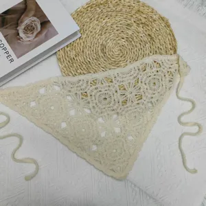 Vintage crochet lace hair scarf knit floral bandana aesthetic head wrap cream back