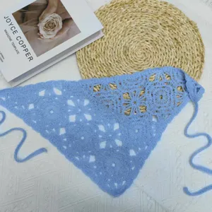 Blue crochet hair bandana, handmade style knit headscarf, stylish hollow out triangle hair accessory.