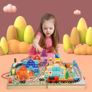 Kids Wooden Track Train Set Magnetic Electric City Street Scene Building Blocks Educational Toy For Children