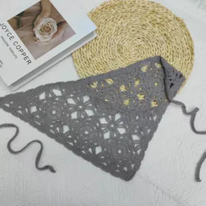 Dark grey crochet hair scarf, floral lace triangle bandana, boho knitted headwear accessory