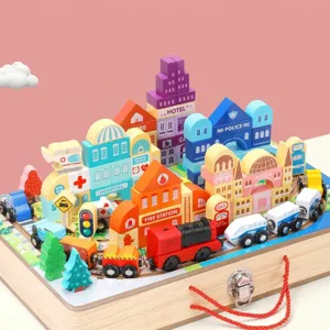 Wooden city block train set with magnetic electric cars, educational building toys for kids