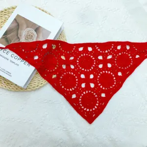 Red crochet triangular scarf detail, hollow knit hair bandana and fashionable accessory.