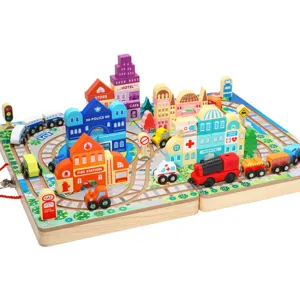 Wooden railway train set with city buildings, educational building blocks toy for kids play.