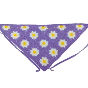 Crocheted daisy triangle bandana, purple knitted hair scarf and cute fashion accessory.