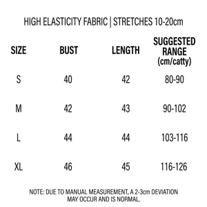 Maattabel voor dames sportvest en yoga top, gedetailleerde afmetingen van S tot XL.