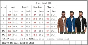 Detailed size chart for men's jacket showing measurements from S to 3XL with multi-color display.