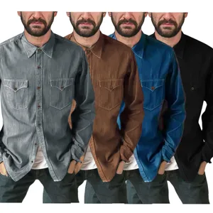 Men's Casual Denim Shirt Long Sleeve Turn-Down Collar Single-Breasted Cardigan Patchwork Solid Color Spring Autumn Top