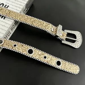 Ceinture western strass Y2K paillettes dorées cristal brillant boucle œillets mode jeans