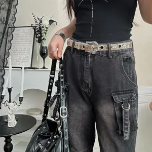 Ceinture de taille strass Y2K pour femmes, ceinture de jeans brillante boucle occidentale.