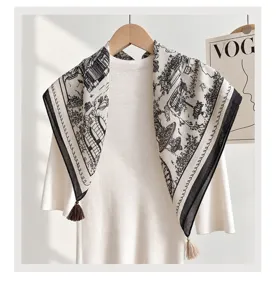 Elegantes Vintage-Quadratttuch mit Quasten, schwarz-weißer Print Halstuch für Damen.