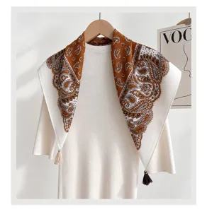Elegantes braunes Paisley Baumwolle Leinen Tuch mit Quasten Damen Halstuch im Retro Stil