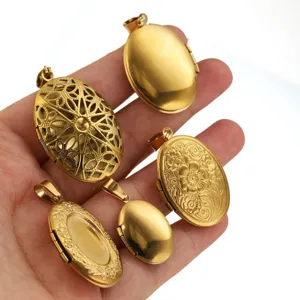 Edelstahl Medaillon Anhänger zum Öffnen, goldfarbene Fotobox Charms für DIY Halsketten Schmuck.