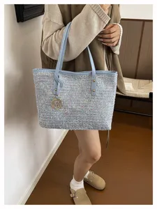 Dames mode tweed schoudertas casual grote capaciteit blauwe handtas detailweergave