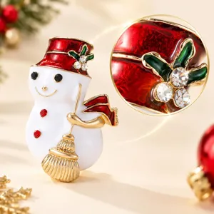 Weihnachtsschneemann Brosche mit rotem Emailleschmuck, funkelnden Strasssteinen und Besen.
