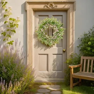 Artificial eucalyptus and pink flower wreath detail shot, perfect for door hanging and home decor.
