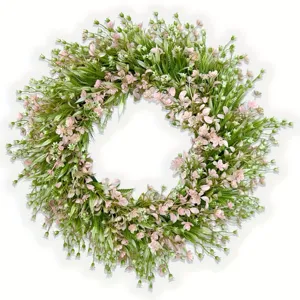 Artificial eucalyptus flower wreath detail, pink floral door hanging wall decoration.