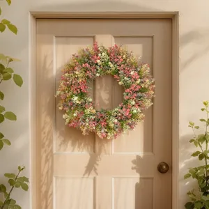 Artificial eucalyptus flower wreath for front door decor, hanging plant wall ornament.