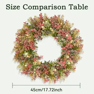 Detailed view of 45cm artificial eucalyptus and flower wreath for home wall door decor.