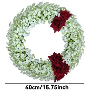 Artificial flower wreath with white foliage and red roses 40cm door hanging decor.