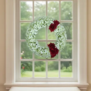Artificial floral wreath with white baby breath and red roses for door wall hanging decor.