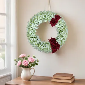 Artificial eucalyptus wreath with white small flowers and deep red roses for door wall decor.