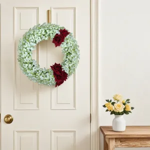 Artificial eucalyptus flower wreath with red roses, perfect for front door and wedding decor.