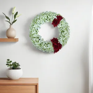 Artificial flower wreath with eucalyptus leaves and red roses for wall decor home use
