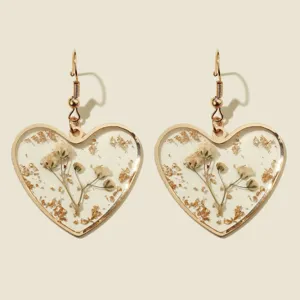 Transparente Harz Getrocknete Blume Herz Ohrringe Legierung Vergoldet Natürlich Stil Mode Schmuck Für Damen