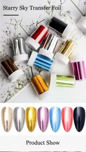Starry nail art foil transfer paper detail shot, colorful bottle set and finished manicure tips.