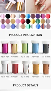 Detailed view of nail art transfer foil bottles and color swatches for custom manicure design.