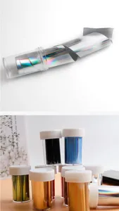 Holographic nail art transfer foil set in bottles and tubes, DIY metallic sticker for nails.