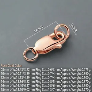Tabella taglie moschettone oro rosa con dimensioni dettagliate per creazione di gioielli.