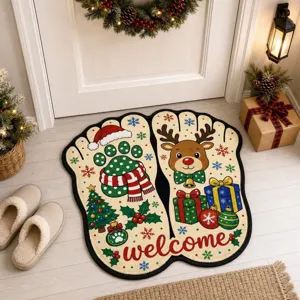 Christmas Cartoon Footprint Shaped Floor Mat Polyester Faux Cashmere Entrance Door Mat Printed Festive Home Decor Floor Rug