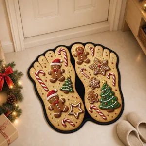 Christmas foot-shaped gingerbread doormat, festive non-slip floor mat for home entryway.