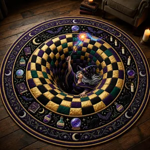 Tapis de Sol Rond Illusion Visuelle Sorcière Halloween Velours de Cristal Imprimé Gothique Chaudron Magique Chat Noir Citrouille Décoratif