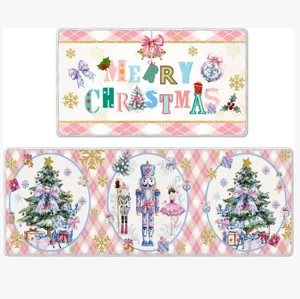 Weihnachts-Küchenmatte, rosa karierter Nussknacker-Teppich, festliche Heimdekoration.