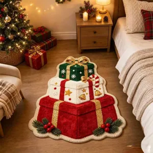 Christmas shaped rug, stacked gift box design, soft plush floor mat for bedroom or living room decor