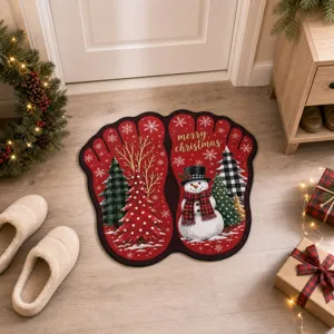 Christmas cartoon footprint shape floor mat, plush home entrance doormat and indoor decor.