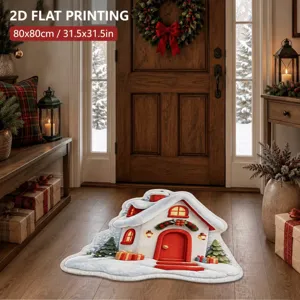 Christmas house shaped non slip entry mat, cozy holiday floor rug with festive winter cabin design.